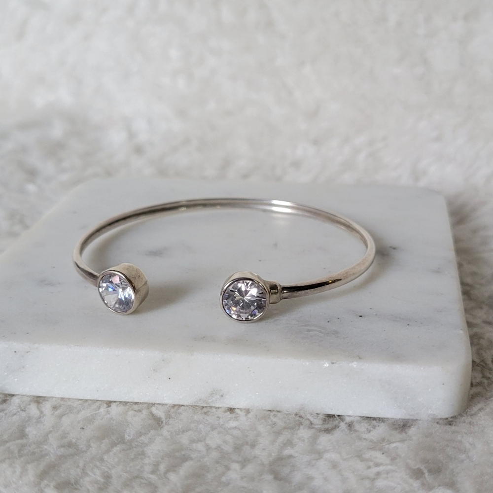 Silpada Sterling Silver Open Cuff Bracelet Bezel-Set CZ Double Stone